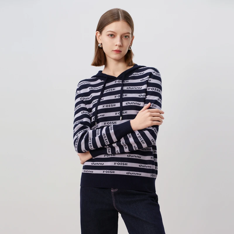 DUNNU/敦奴dunnu春季时尚百搭休闲连帽条纹印花针织衫FU170101
