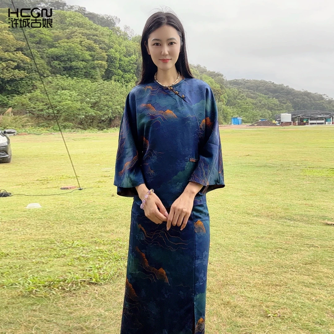 浒城古娘国风中式复古桑蚕丝气质女中长款短袖百搭套装WB2504215