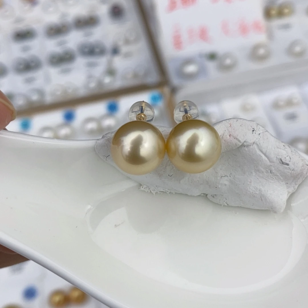 未镶嵌耳饰海水珍珠福利正圆无暇金珠素钉k金10.9mm