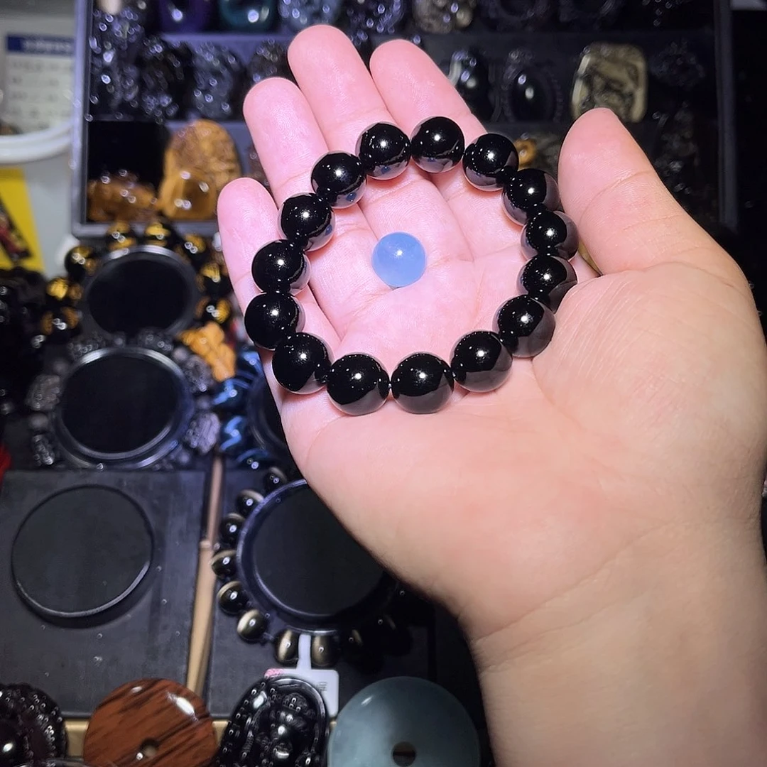 黑曜岩未镶嵌手链张***二天然7z级黑曜石14m搭配海蓝宝