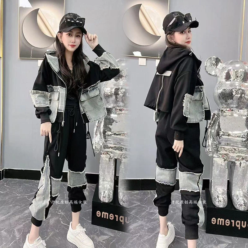 时尚套装女2025春秋季新款韩版休闲运动牛仔拼接连帽长袖上衣卫裤