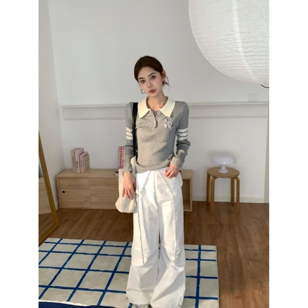 【赵小小&上东区女孩】6523 美式复古半拉链修身针织毛衣女打底上衣