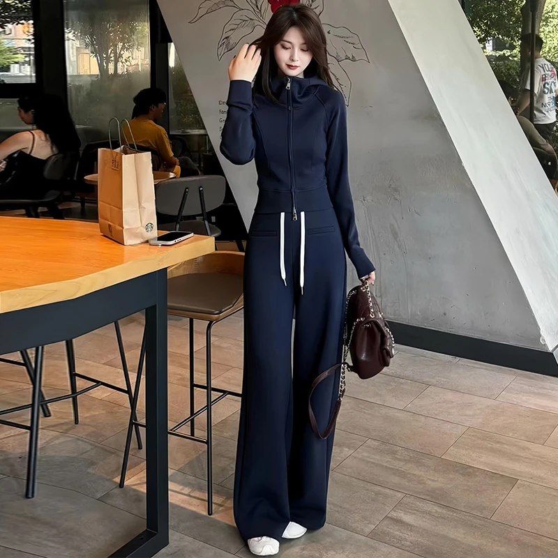 高含棉修身休闲运动套装女2026春秋新款简约连帽卫衣阔腿裤两件套