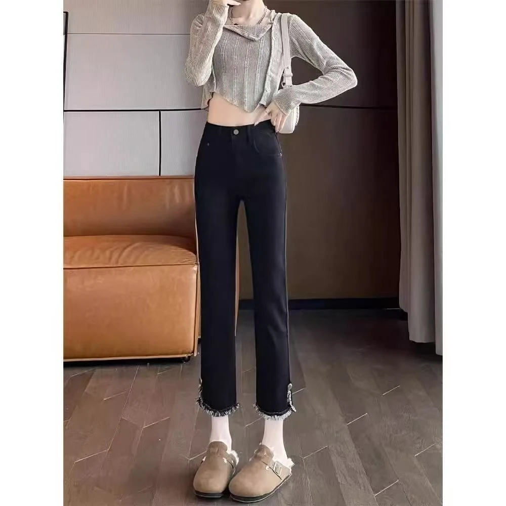 开叉高腰直筒裤女夏季薄款2025黑色弹力显瘦九分小个子法棍烟管裤