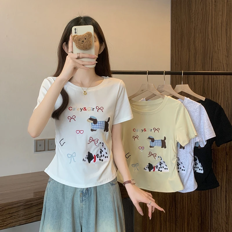 大码胖mm刺新款夏季小狗印花褶皱正肩短袖t恤女纯欲收腰圆领上衣