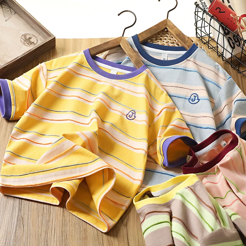 男圆领短袖条纹透气夏季常规T恤宽松男童韩版半袖休闲洋气中大童