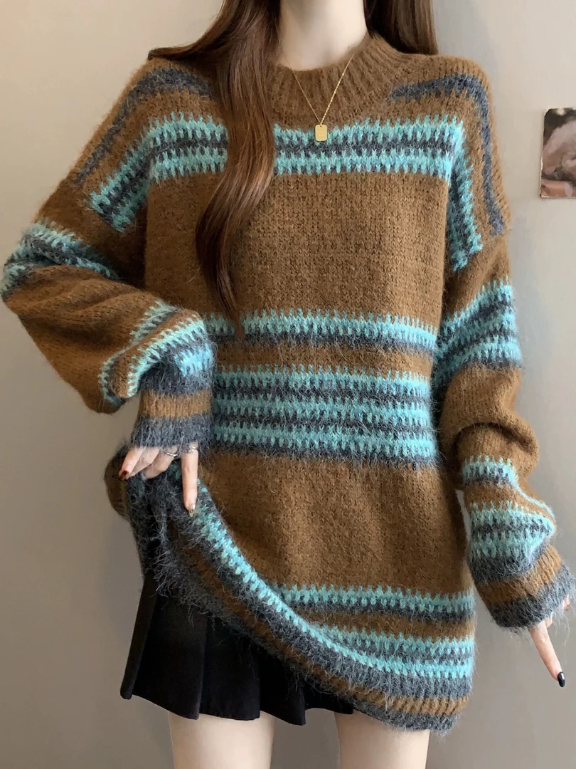 1213-2-CQ棕色圆领大版拼色线衣（80-135）