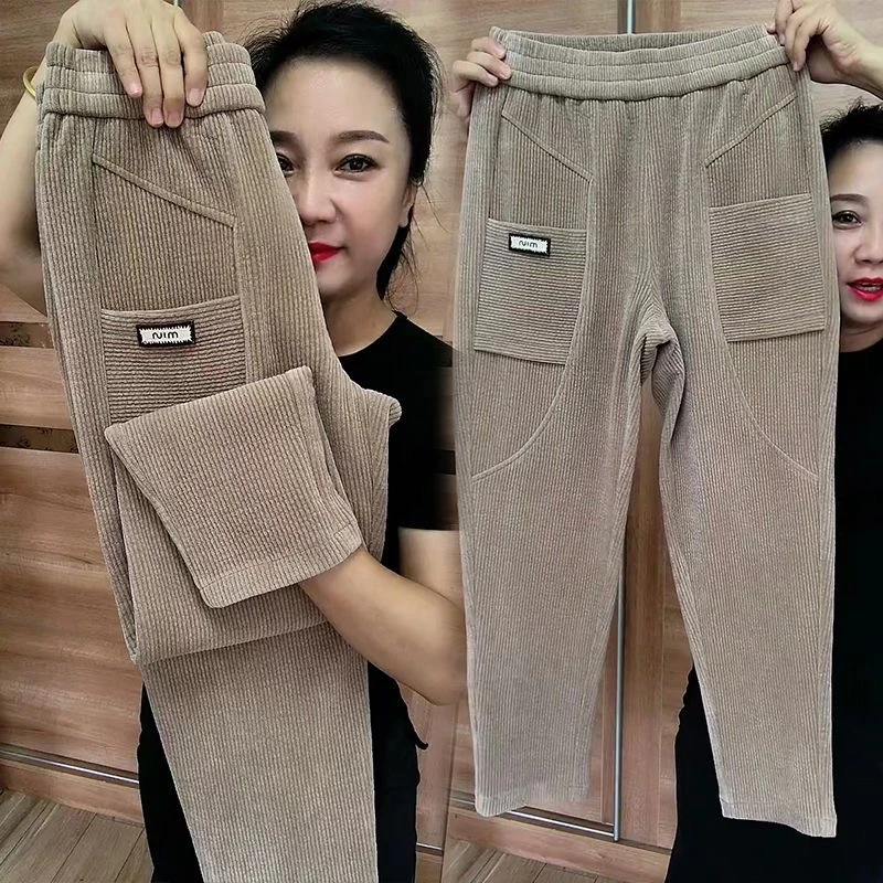 欧货高档休闲裤女秋冬新款高腰雪尼尔哈伦裤时尚显高遮肉束脚卫裤