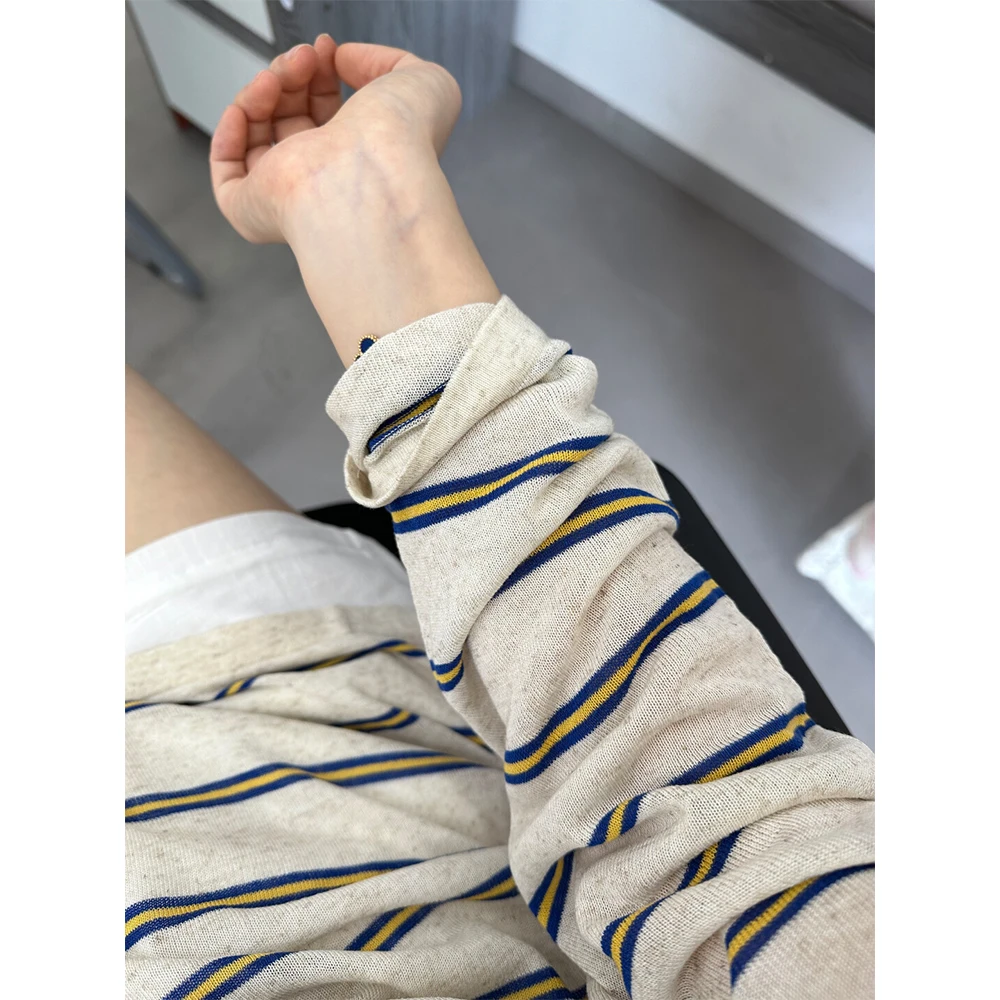 韩版百搭复古撞色条纹针织防晒罩衫女夏季设计感宽松显瘦薄款上衣