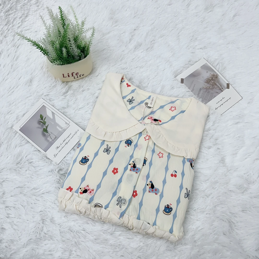 【R655】夏季清凉一夏蓝条小狗睡裙+胸垫