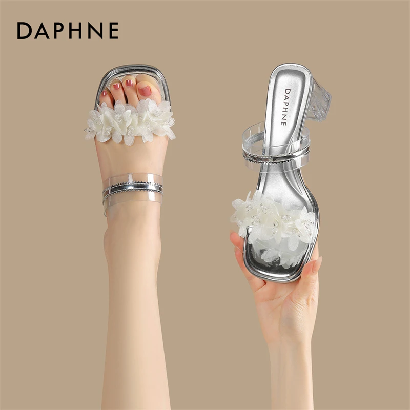 「一秒入夏」达芙妮粗跟拖鞋女夏季外穿透明水晶粗跟仙女风高跟凉鞋