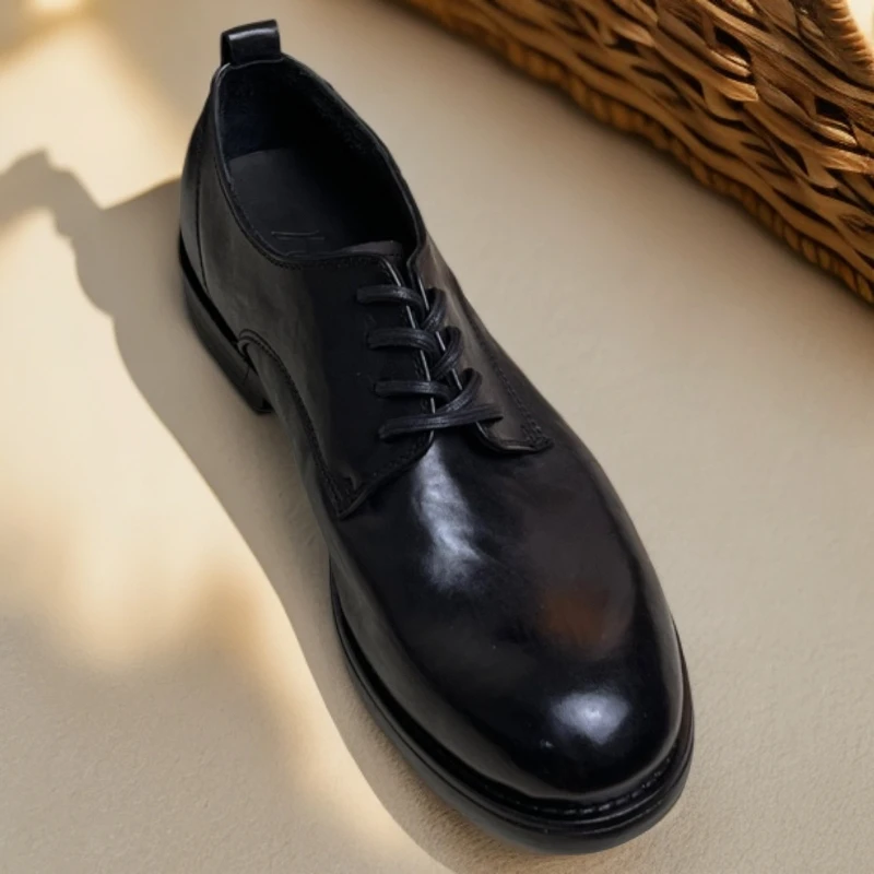 真皮系带休闲皮鞋男款上班专用皮鞋牛津鞋高智淡人风男士圆头黑色