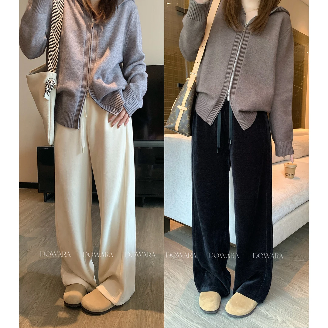 大婉酱微胖定制【百搭神裤】秋冬松紧腰雪尼尔显瘦休闲直筒裤1191D