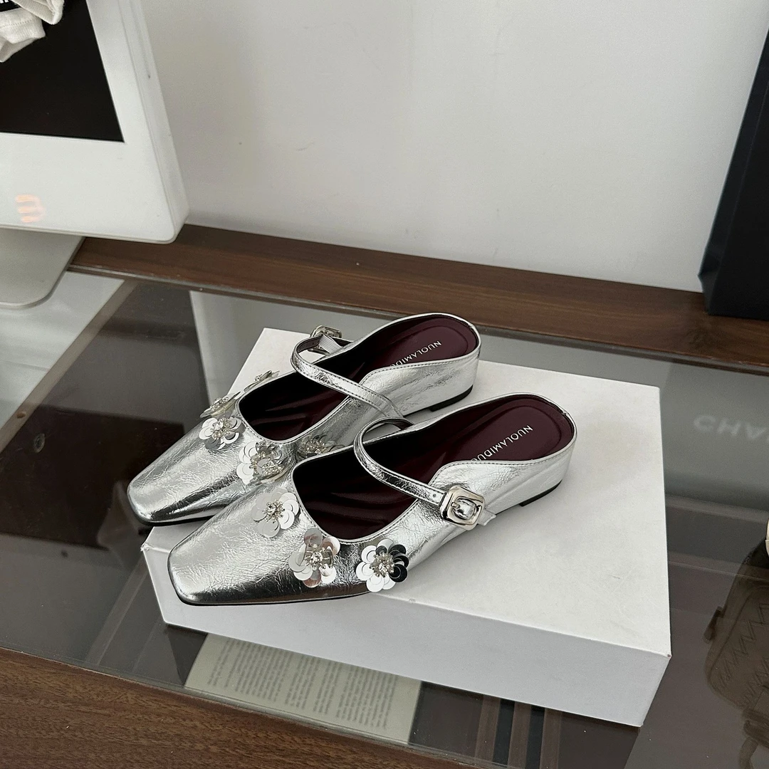 法式方头内增高玛丽珍包头半拖鞋女2025夏季百搭时尚花朵亮片女鞋