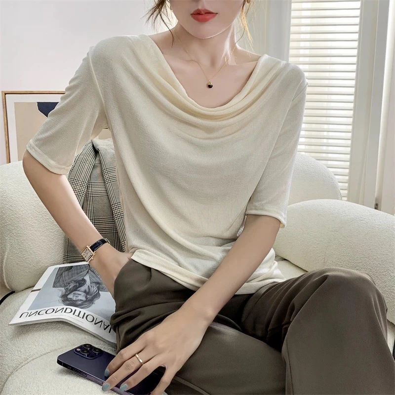 339 一字肩领不规则设计冰凉感短袖针织上衣T恤（S10）