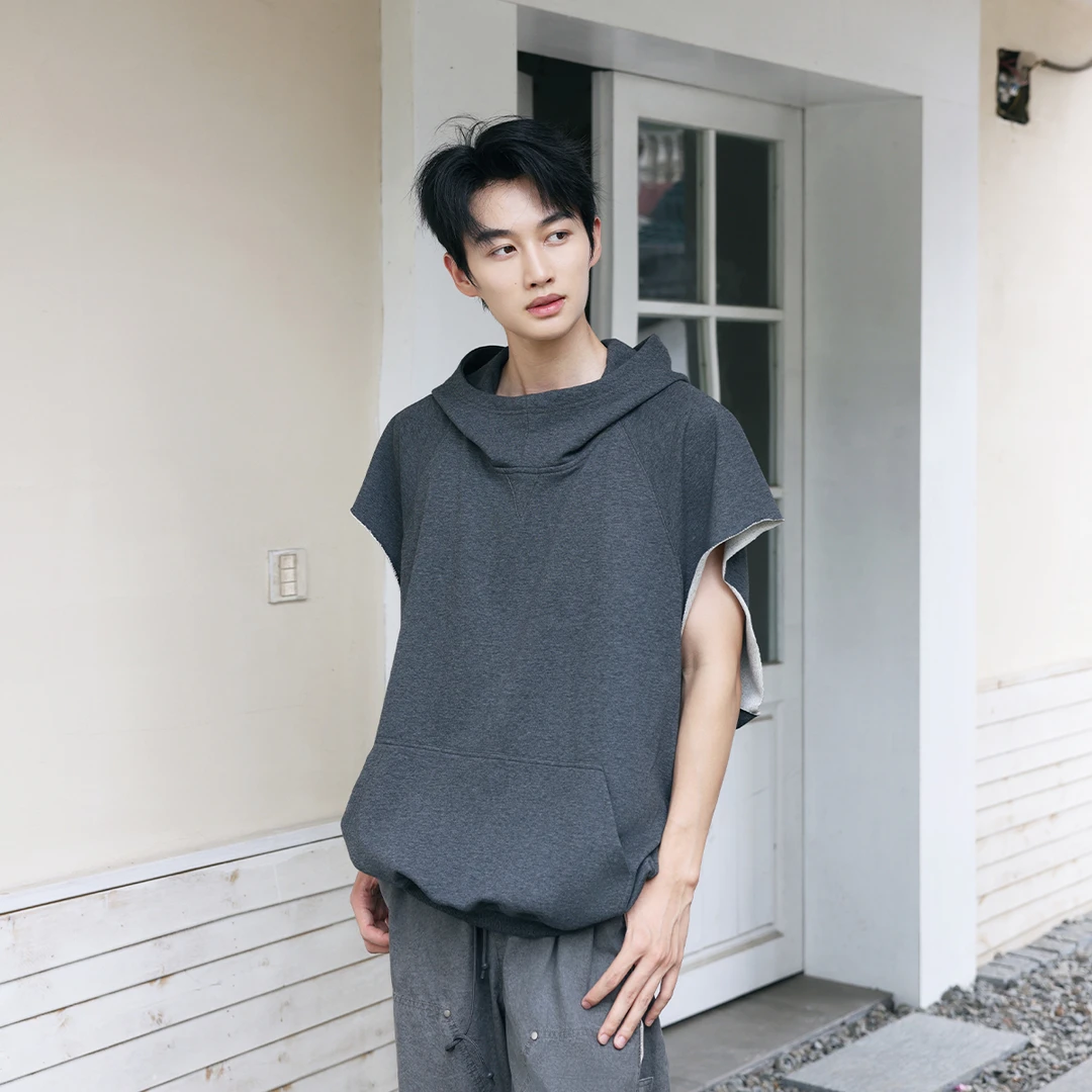 VANNYBUNNY男士坎肩美式复古休闲连帽无袖夏季纯色运动百搭宽松