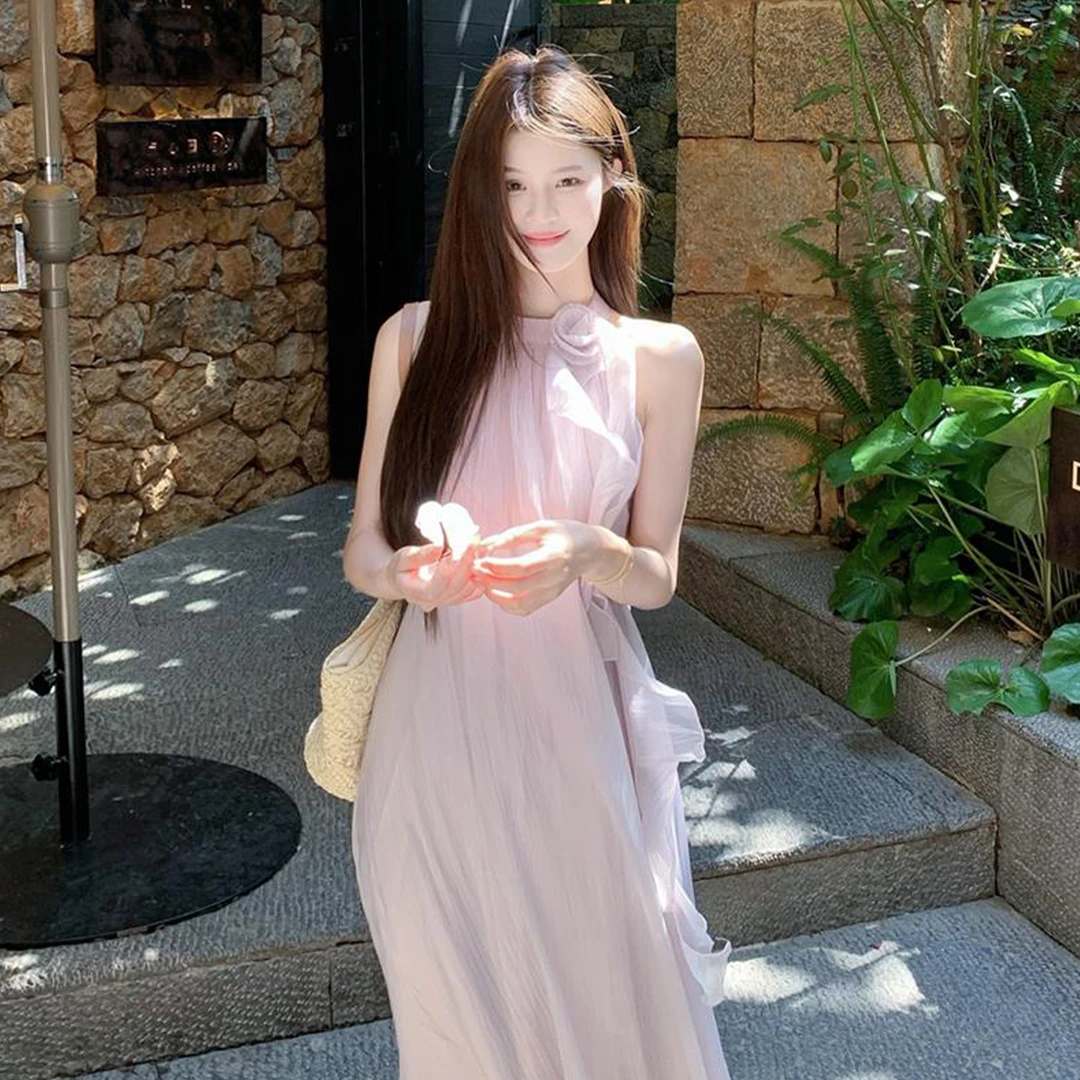 法式紫色无袖挂脖连衣裙子女夏2025年新款海边度假高级感长裙4787