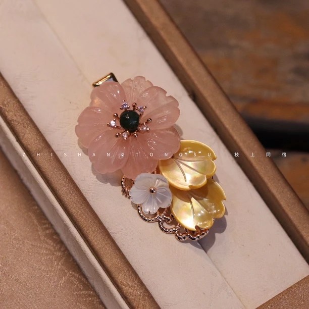 粉水花黄贝发夹百搭日常清新旗袍汉服新中式发夹一个