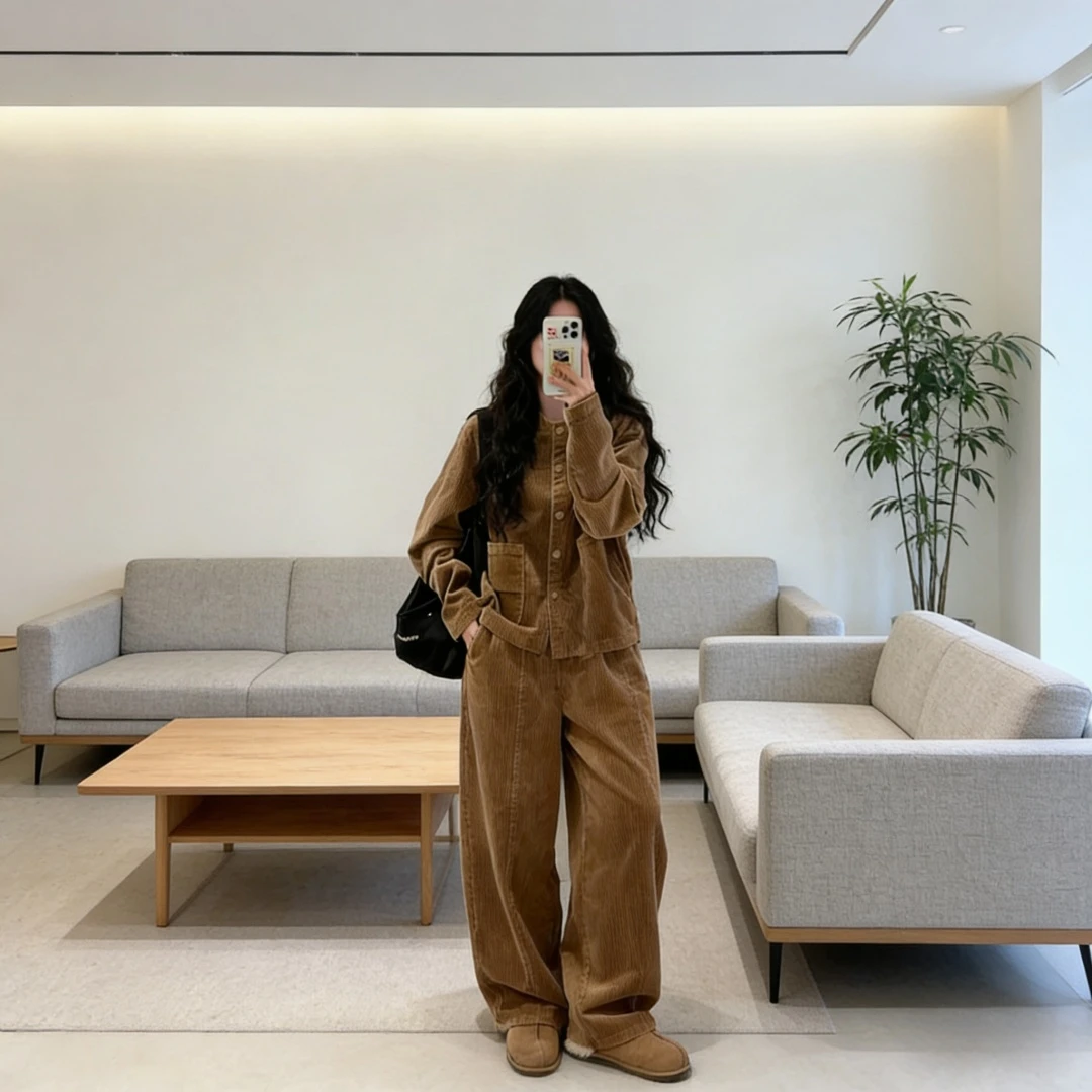2025秋冬焦糖灯芯绒宽松圆领系扣外套休闲松紧腰中线阔腿长裤套装