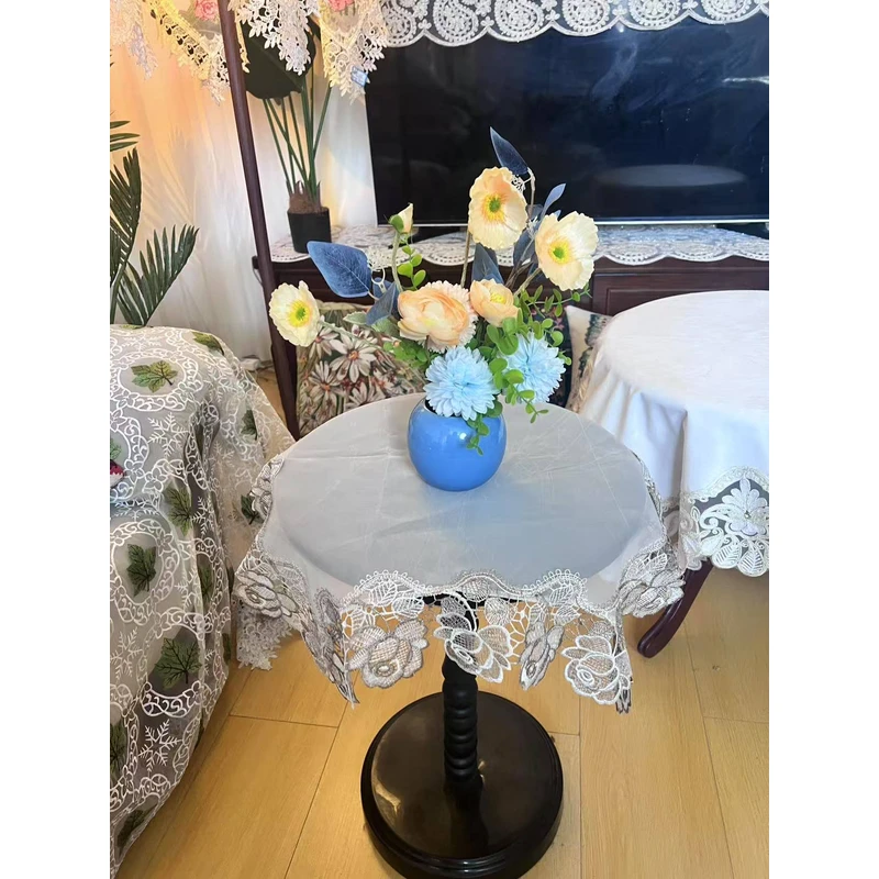 ZN179-3网纱【60*60]玫瑰花高级灰蕾丝桌布茶几布多功能盖巾