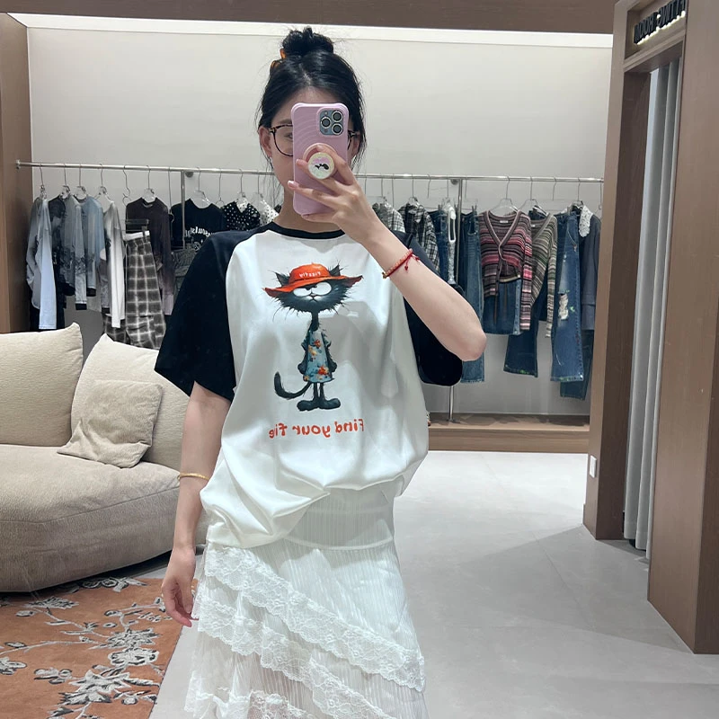 FIZZFLY | 25设计师品牌新款 25SS夏季草帽粉猫真丝短袖圆领T恤