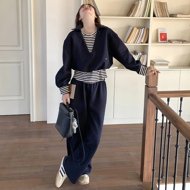 休闲运动风显瘦藏青色套装女2025春季新款假两件上衣长裤子两件套