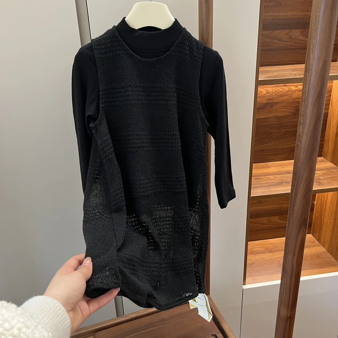 【编号P545】Q69285-01-儿童韩版马甲打底衫两件套 黑色-QZYS