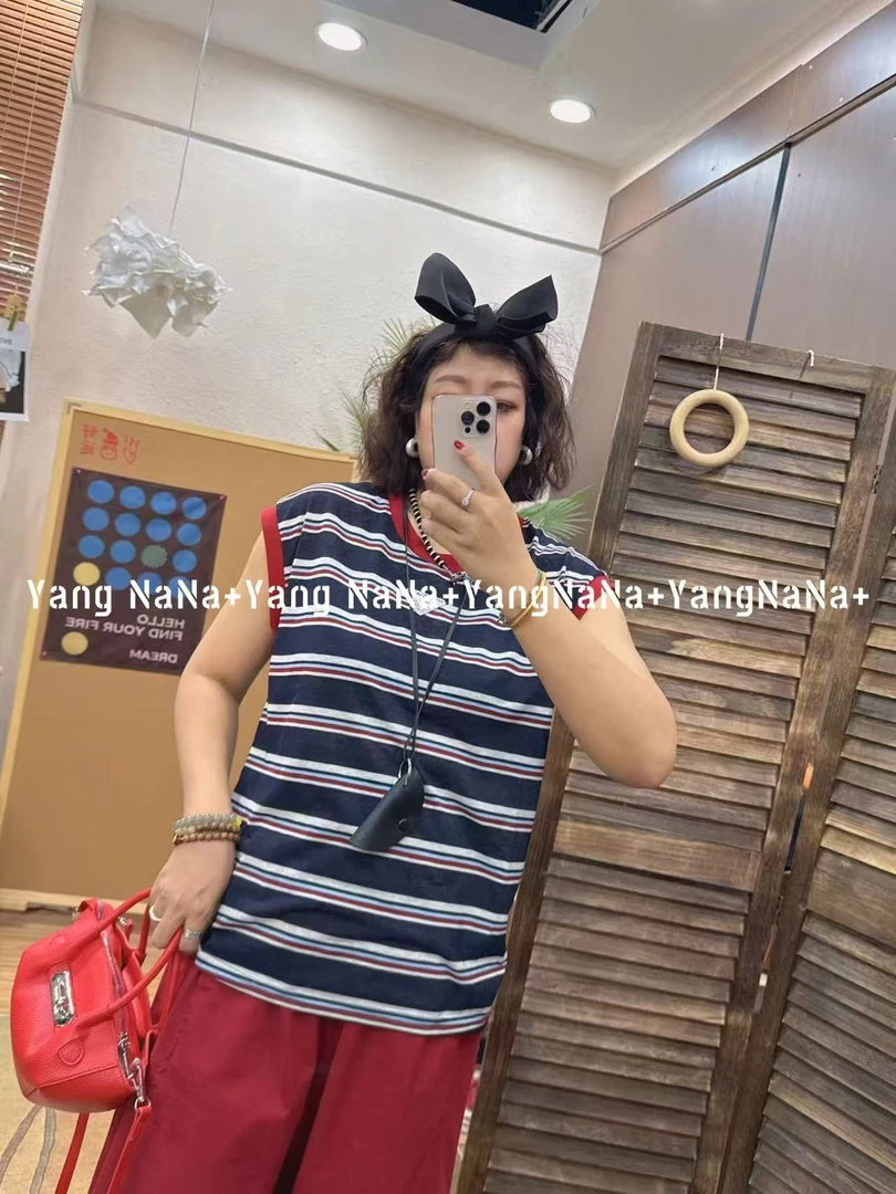 【扇扇风夏日清凉穿搭】百搭时尚雪花棉麻彩条上衣T恤(超级喜欢)