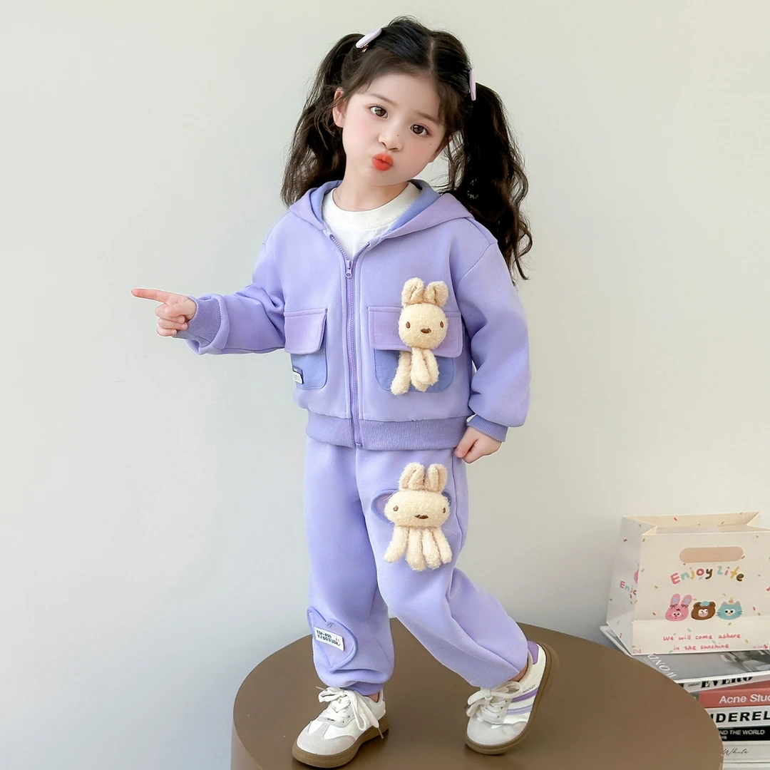 女童秋款套装2025新款洋气儿童卡通连帽外套女宝宝春秋休闲两件套