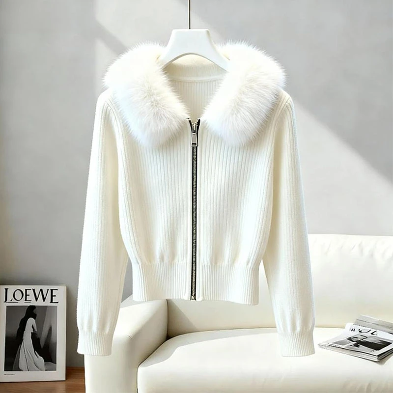 法式气质毛领拉链长袖毛衣开衫女2025秋冬新款高级感显瘦加厚外套