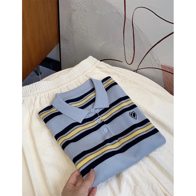 POLO领撞色条纹设计感减龄针织短袖