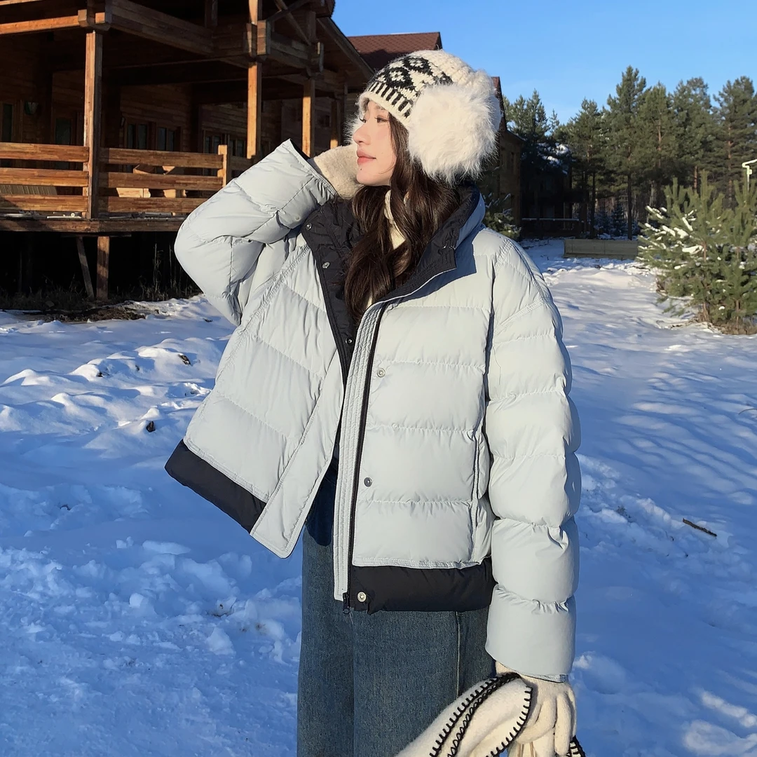 撞色简约排骨款立领羽绒服女2025冬季新款慵懒风减龄90白鸭绒外套