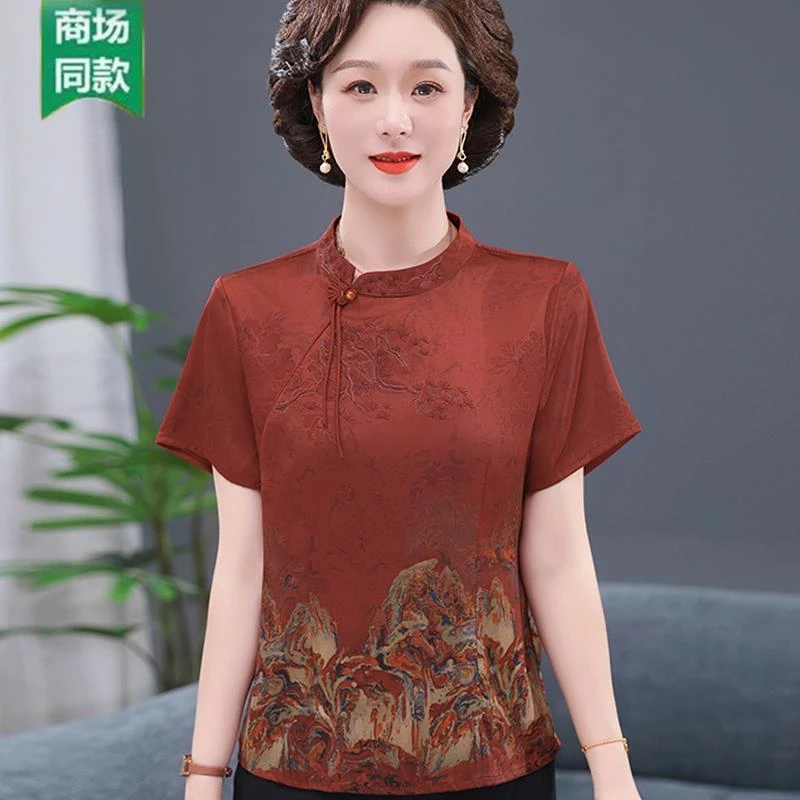 恒源祥彩羊品牌妈妈夏装仿桑蚕丝上衣短袖T恤衫女小个子套装中老