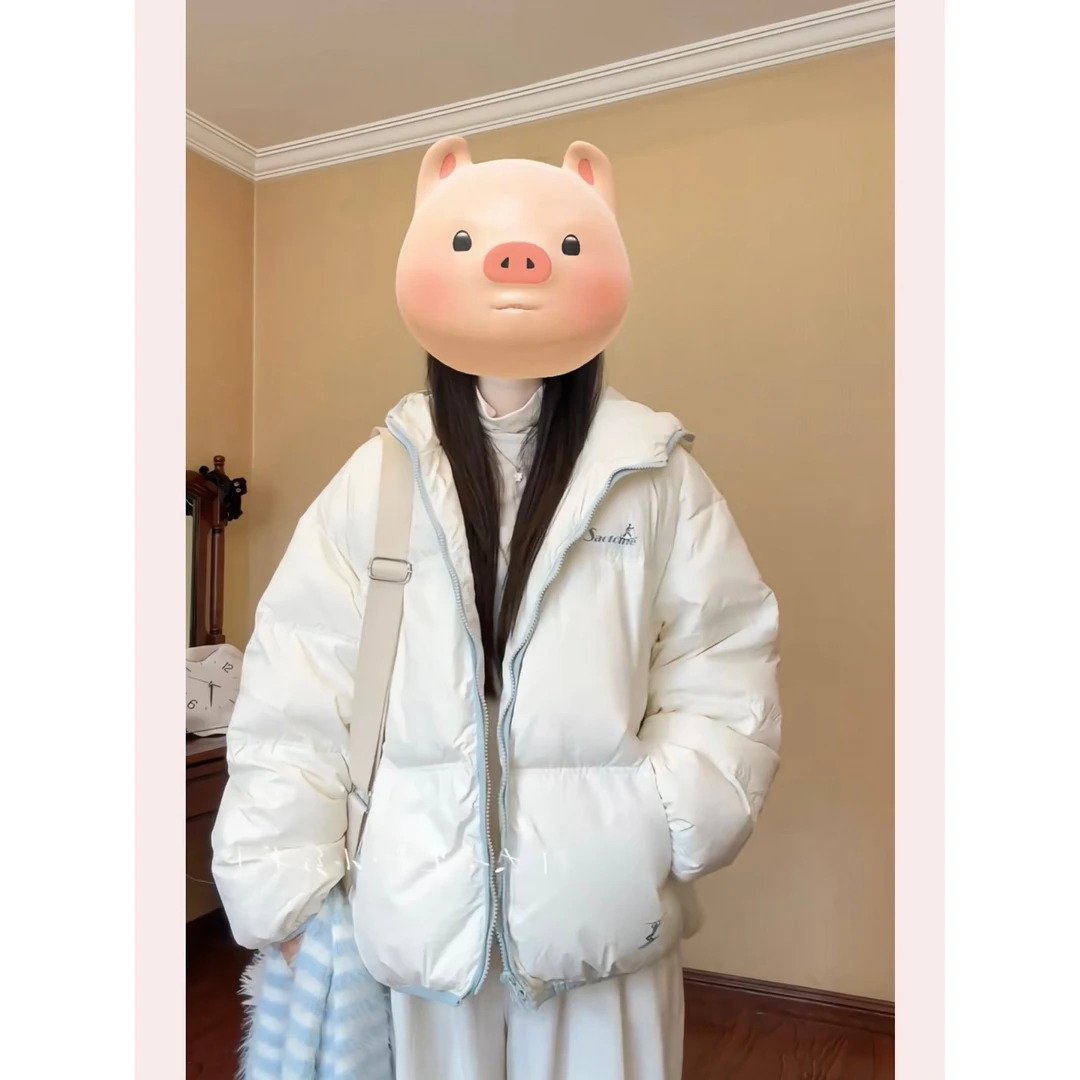 韩版撞色宽松连帽加厚白色棉服外套女冬季小清新高级感蓬松面包服