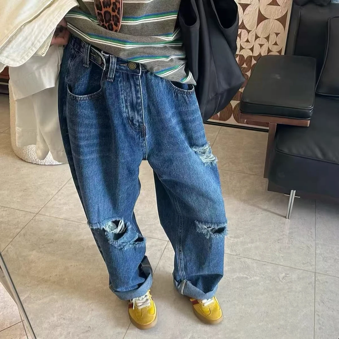 【Z】625/2217/149-9  韩版可调节腰宽松休闲百搭破洞直筒牛仔裤