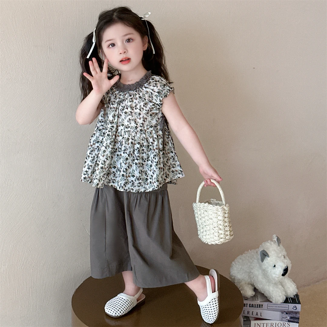 【柠檬拉】女童森系短袖T恤夏季儿童夏装碎花上衣女宝宝洋气阔腿裤