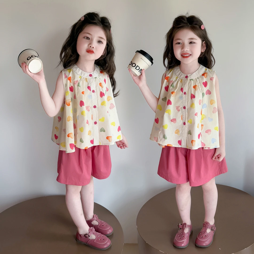 女童套装夏季2025新款儿童洋气时髦女宝宝夏装无袖爱心背心两件套