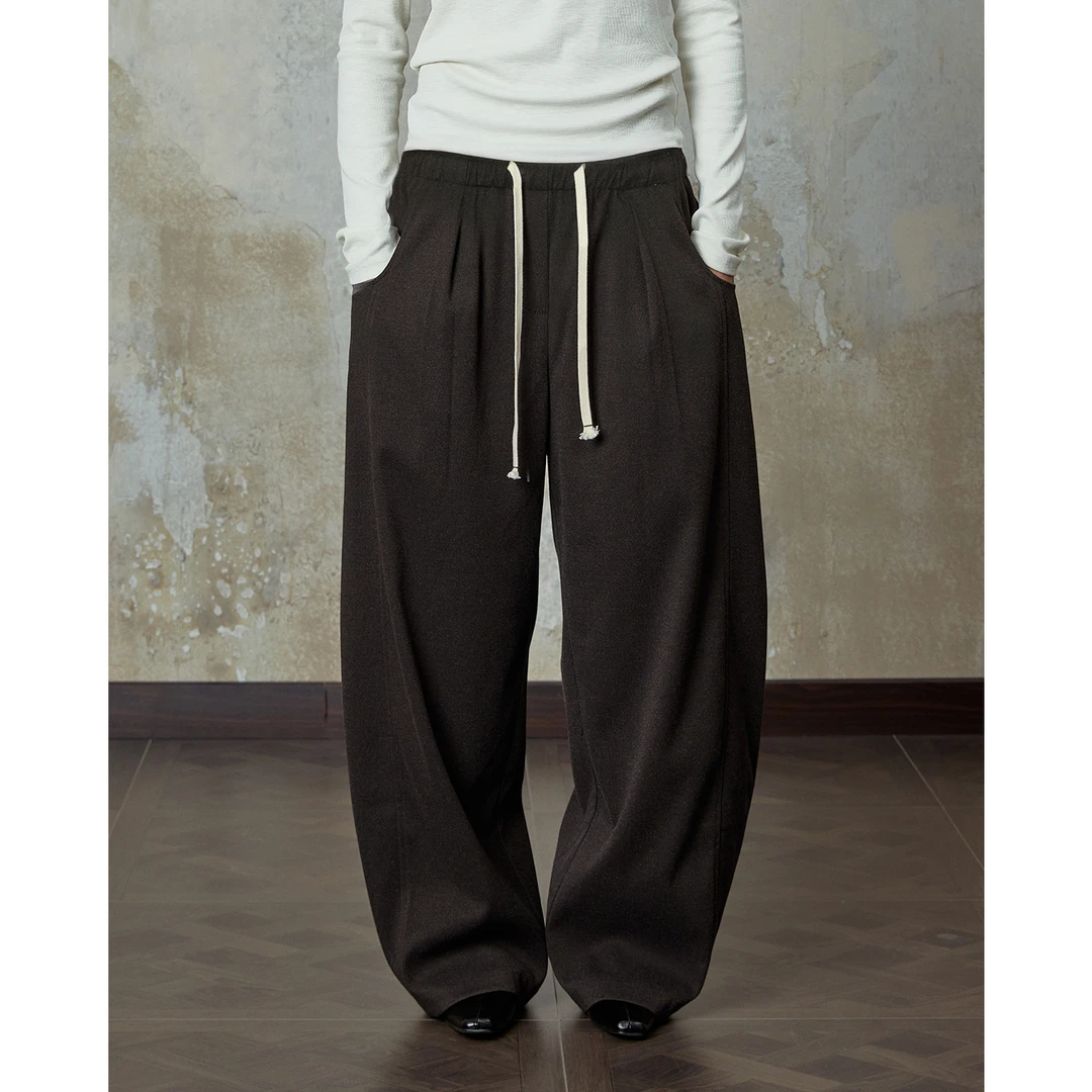 宽泛抽绳磨毛宽松阔腿休闲裤松紧腰廓形简约百搭镰刀长裤秋冬