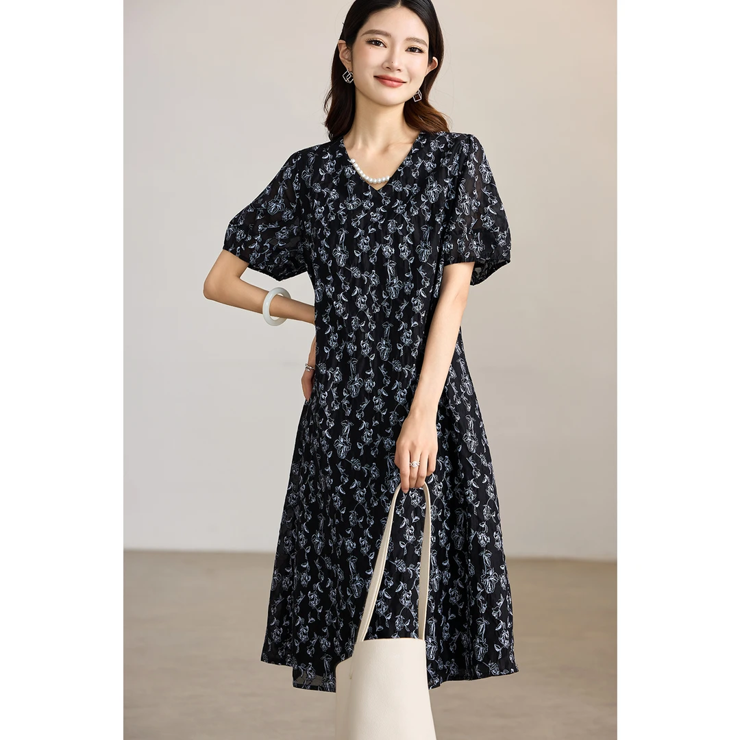 时尚印花V领黑色连衣裙女2025年夏季新款长裙欧洲站大码女装