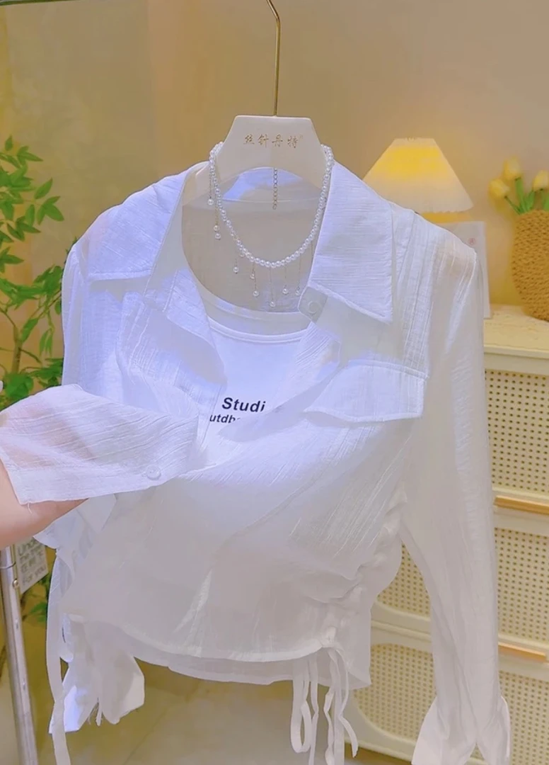 24023-2欧货高级感夏季新款宽松洋气薄款吊带背心衬衫两件套显瘦