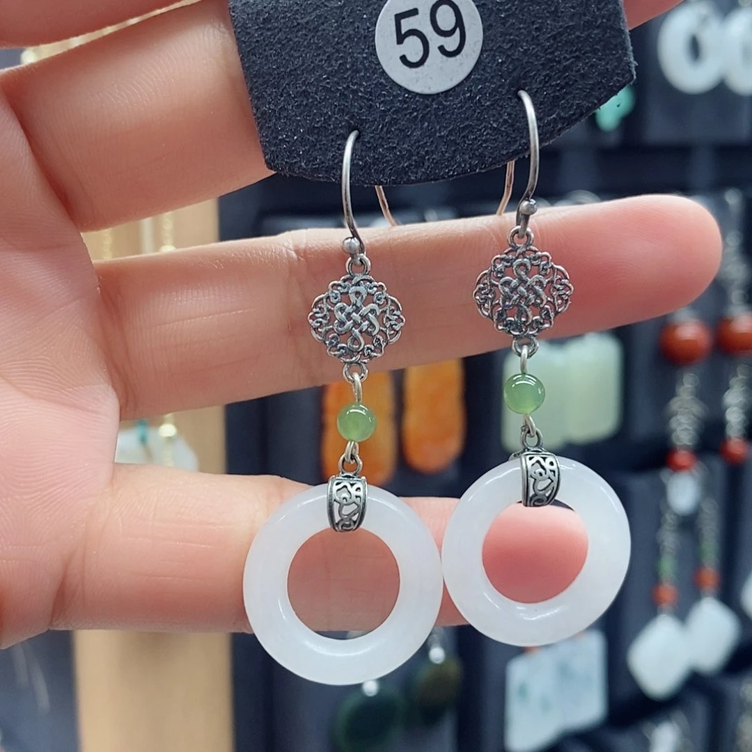 和田玉银S925镶嵌耳饰