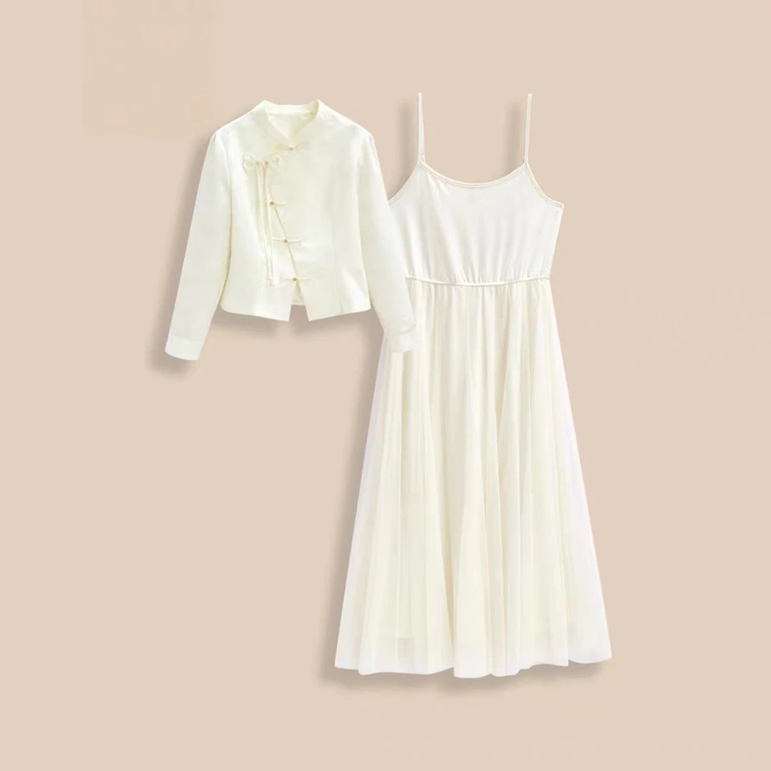 浅浅2025年早春新中式国风优雅旗袍套装网纱半身裙大裙摆修身显瘦