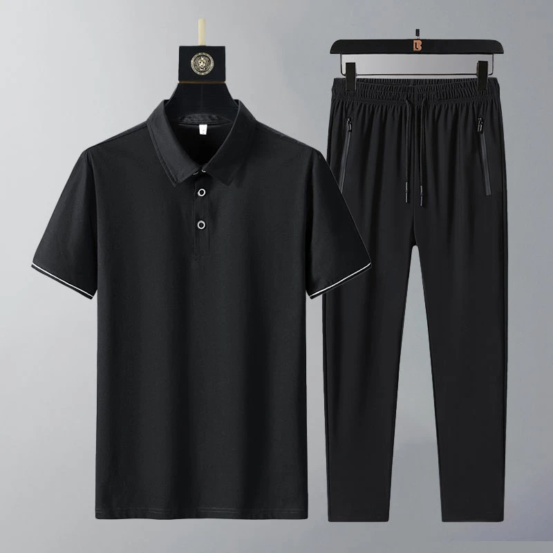 冰丝裤子t恤长裤夏POLO衫运动95棉短袖男士男生男装爸爸套装夏季