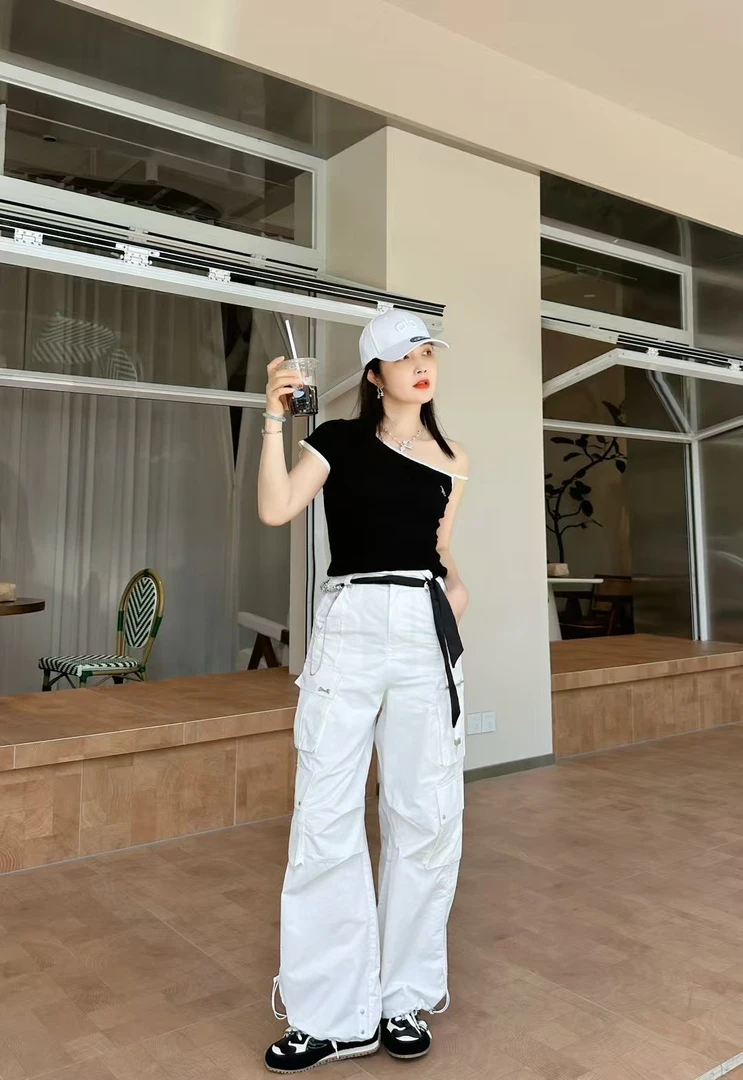夏季新款白色工装休闲直筒裤