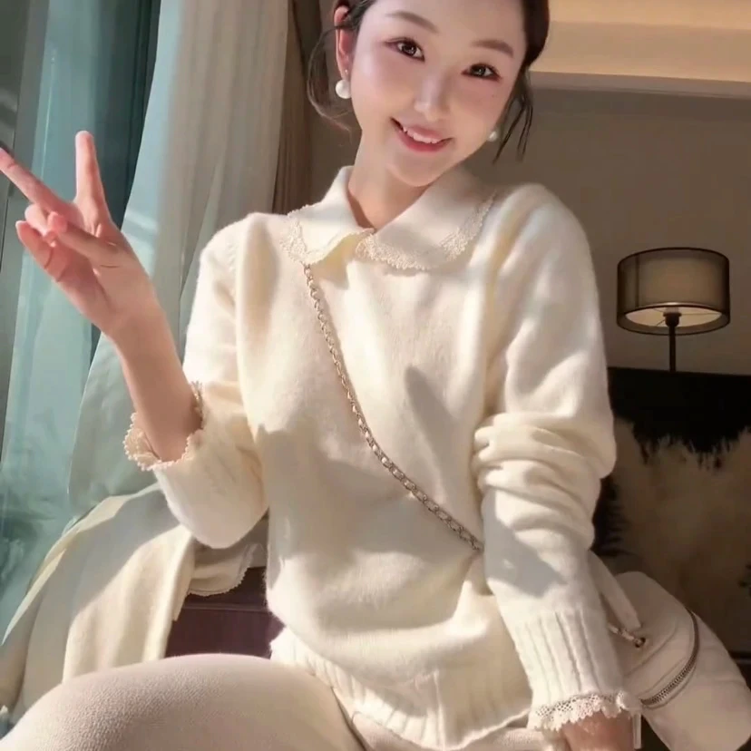 娃娃领毛衣女2024年秋冬圣诞节氛围穿搭小香风针织开衫慵懒上衣