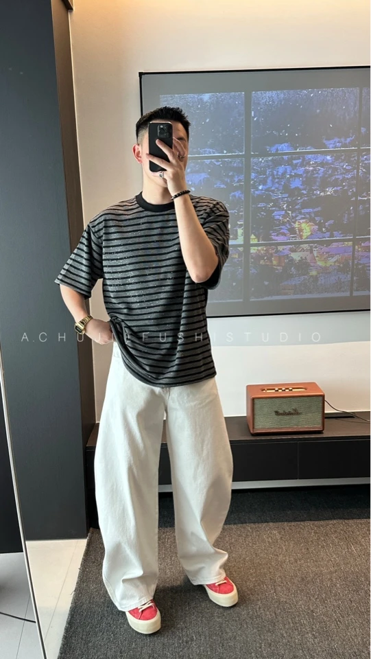 CHUJIE韩版舒适宽松金闪闪条纹短袖T桖