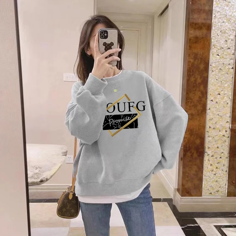 假两件圆领卫衣女2025秋冬新款宽松中长款遮屁股加绒加厚拼接上衣