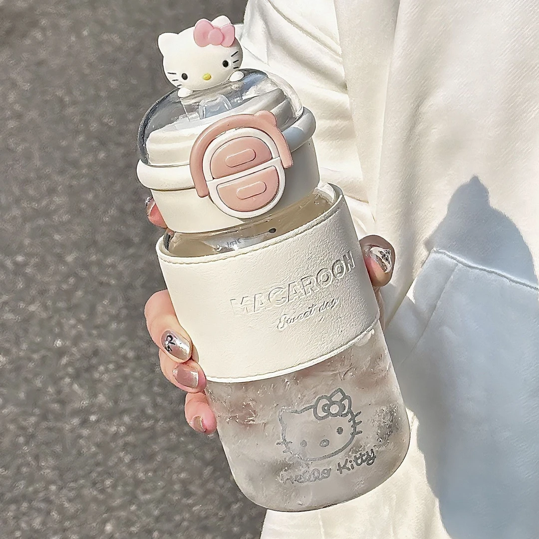 恒度Hello Kitty玻璃水杯女生夏天情侣高颜值可爱ins透明吸管杯子