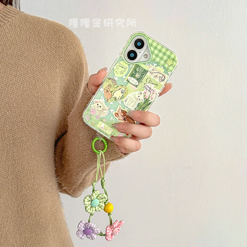 隆隆金适用苹果16手机壳绿底拼接花朵动物iPhone15pro防摔13/14壳
