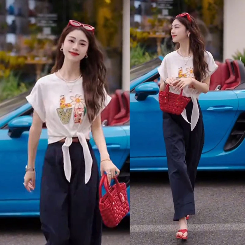 绑带印花T恤裤子套装女2025夏季新款好看百搭韩系时尚小众两件套